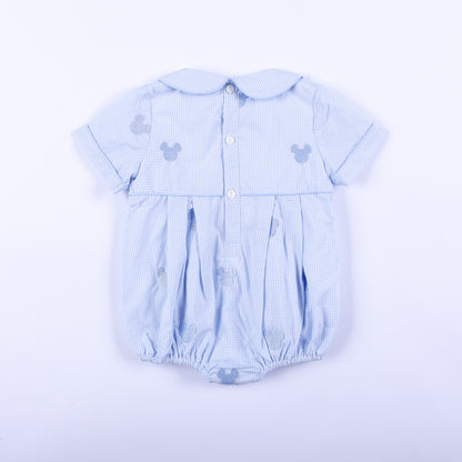 Full back view of light blue gingham Oh Twodles hand smocked boys bubble displaying back button closure details.