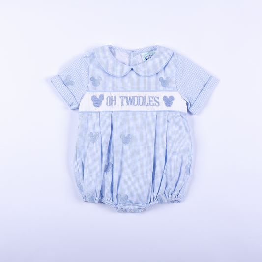 Oh Twodles light blue gingham hand smocked boys bubble romper featuring embroidered mouse motifs in full front view.