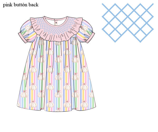 Girls hand smocked woven dress. Pastel stripes, white pumpkins, pink smocking. Thanksgiving outfit.