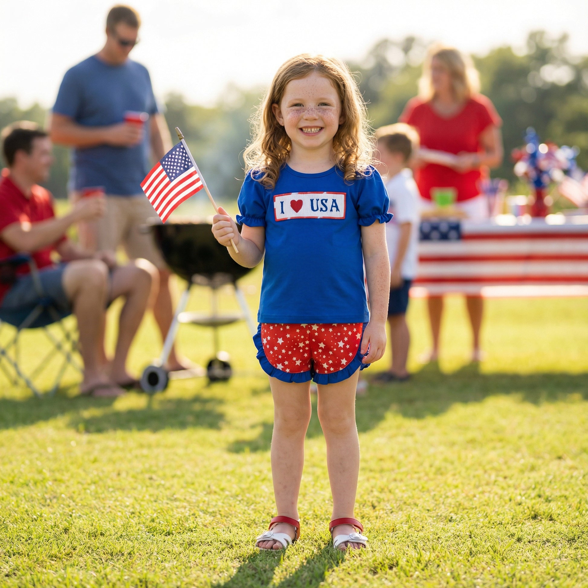 Girl holding flag wearing hand smocked patriotic I Love USA shorts set with red star ruffle shorts for July 4th.