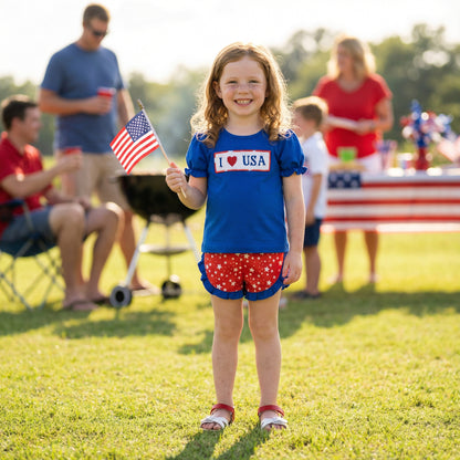 Girl holding flag wearing hand smocked patriotic I Love USA shorts set with red star ruffle shorts for July 4th.