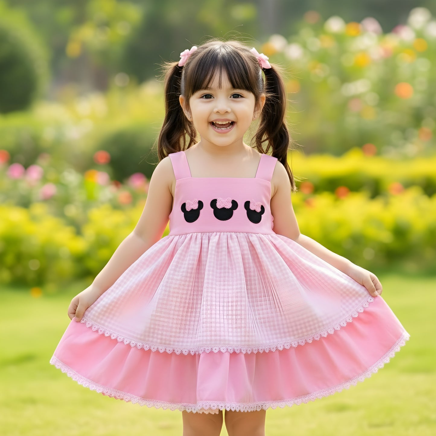 Little girl wearing the Pink Bow Mouse French Knot Dress with pink gingham skirt standing in a lush garden.