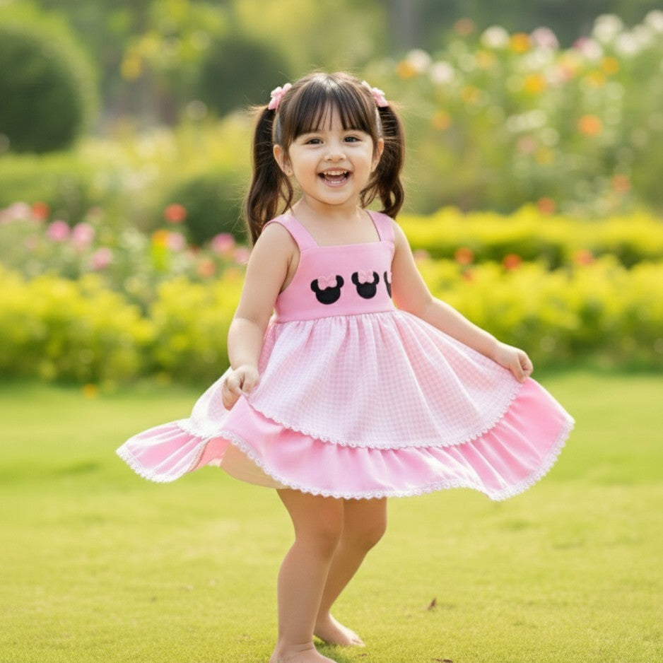 Smiling toddler twirling outdoors wearing the boutique Pink Bow Mouse French Knot Dress in pink gingham outfit.