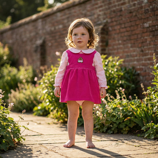 Toddler girl wearing pink corduroy gingerbread applique diaper set with long sleeve top in a garden setting.