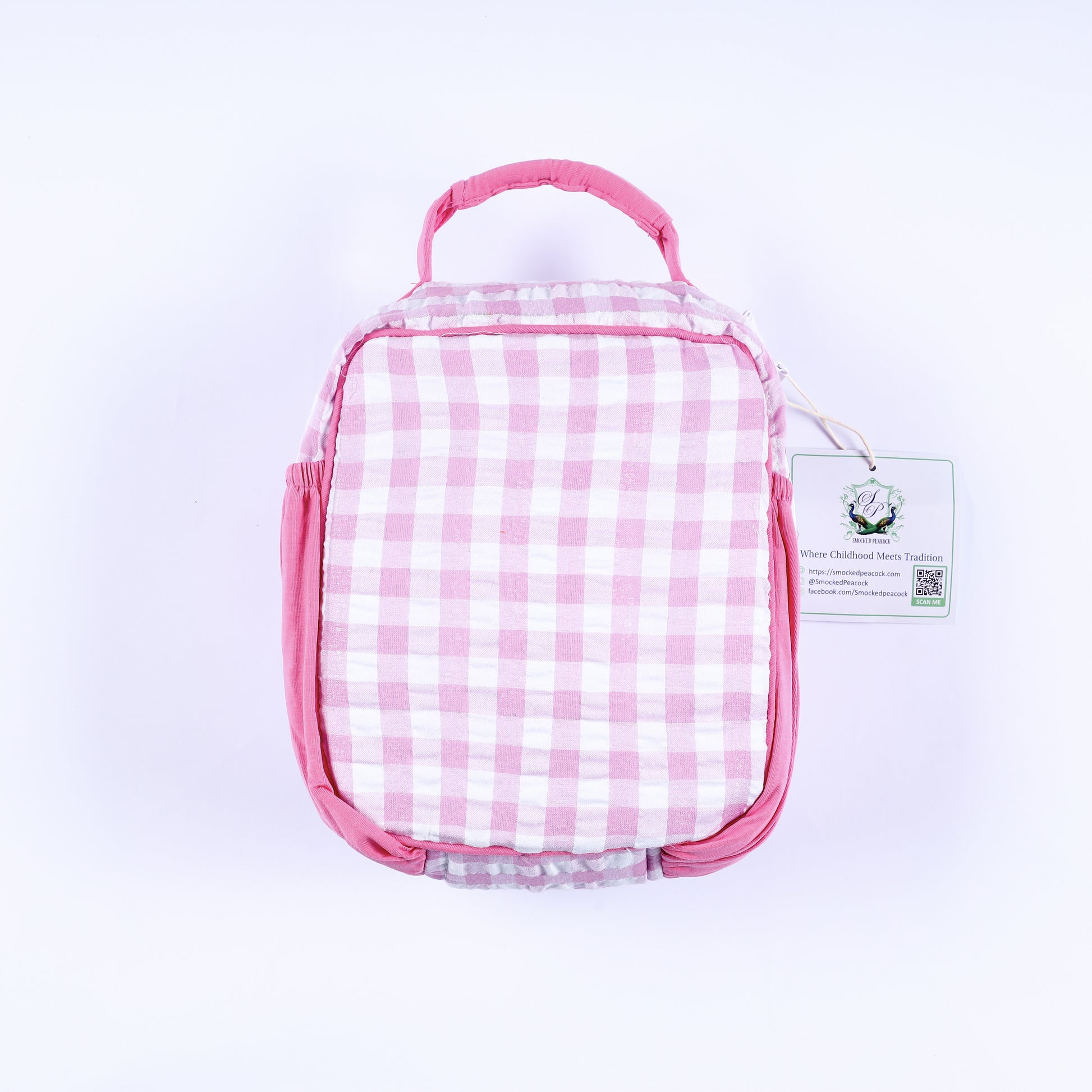 Back view of pink and white gingham check hand-smocked fairytale princess lunch kit bag with carrying handle.