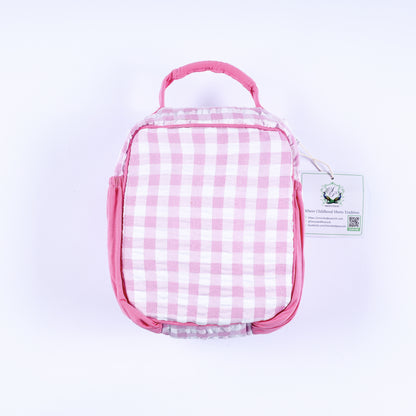 Back view of pink and white gingham check hand-smocked fairytale princess lunch kit bag with carrying handle.