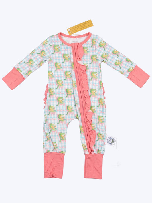 Pink gingham bamboo zippy sleeper with alligator print and ruffles