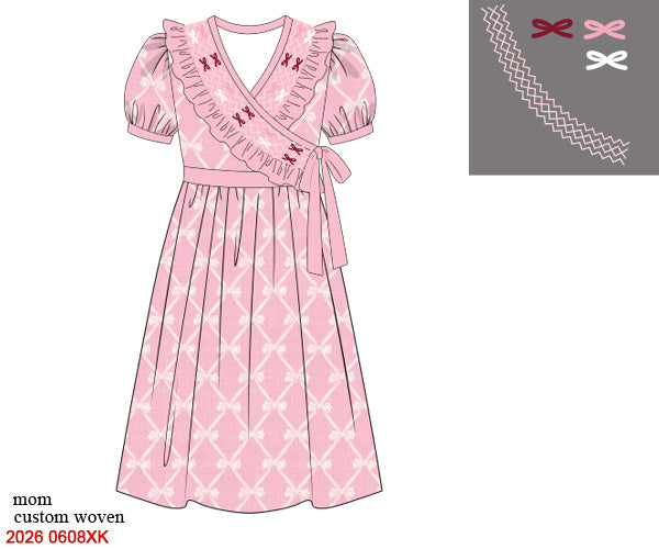 Hand Smocked Grandmillennial Bow Trellis Woven Mom Matching Dress