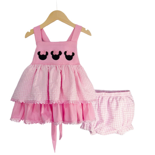 Baby girl's Pink Bow Mouse French Knot Bloomer Set featuring a tiered pink gingham dress with mouse silhouettes and matching bloomers.