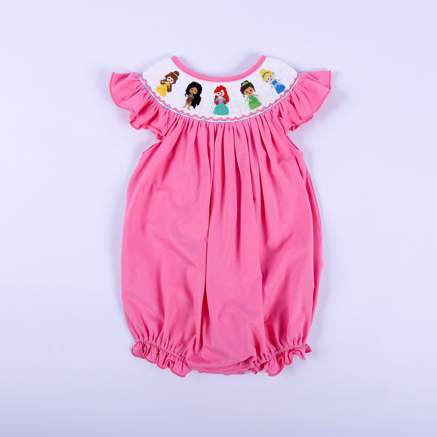 Full view of a pink knit bubble outfit for baby girls featuring hand-smocked embroidered princesses around the neck.