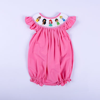 Full view of a pink knit bubble outfit for baby girls featuring hand-smocked embroidered princesses around the neck.