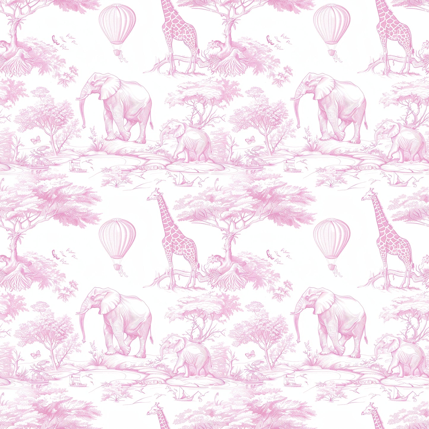 Pink safari toile pattern featuring illustrated elephants, giraffes, acacia trees, and hot air balloons.