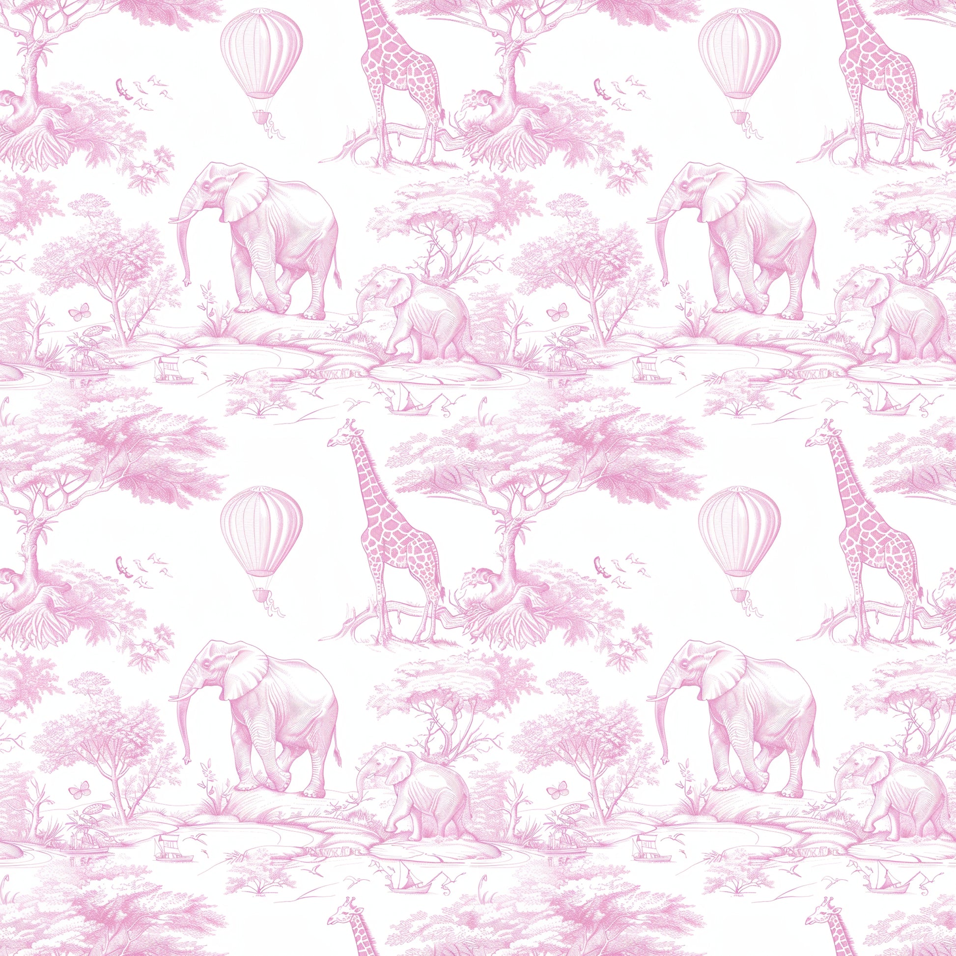 Pink safari toile pattern featuring illustrated elephants, giraffes, acacia trees, and hot air balloons.