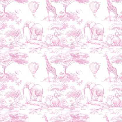 Pink safari toile pattern featuring illustrated elephants, giraffes, acacia trees, and hot air balloons.