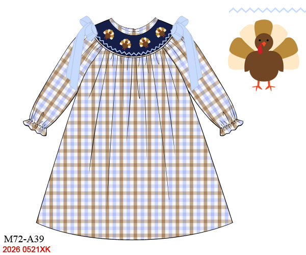 Plaid Baby Blue Hand Smocked Turkey Dress for Girls