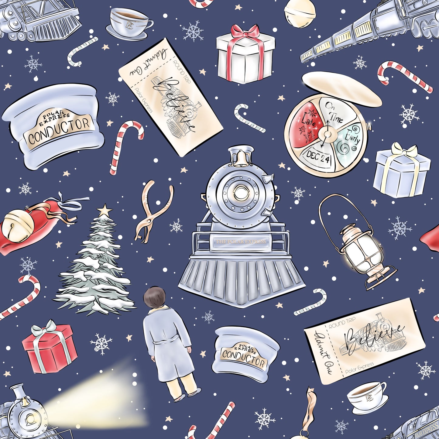 Seamless Polar Express print with trains, Believe tickets, conductor hats, and snowflakes.