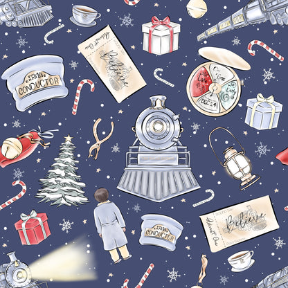 Seamless Polar Express print with trains, Believe tickets, conductor hats, and snowflakes.
