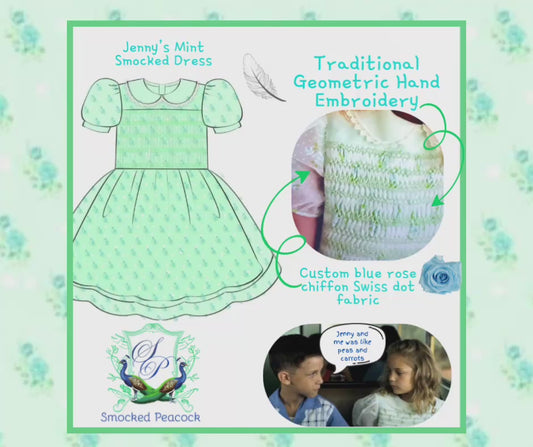 Music video - Jenny's mint chiffon Swiss dot dress featuring blue roses and traditional geometric hand smocking detail.