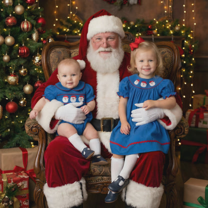 Girls Navy Blue Santa Smocked Christmas Dress With Puff Sleeves