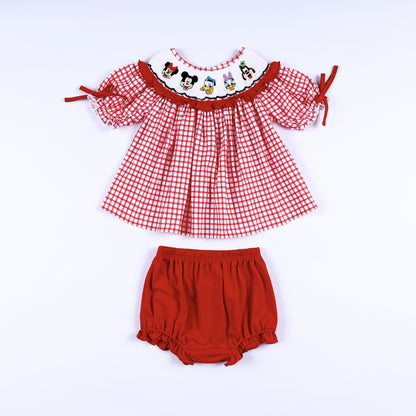 Red gingham hand smocked dress set with embroidered cartoon characters and matching red diaper cover bloomer.
