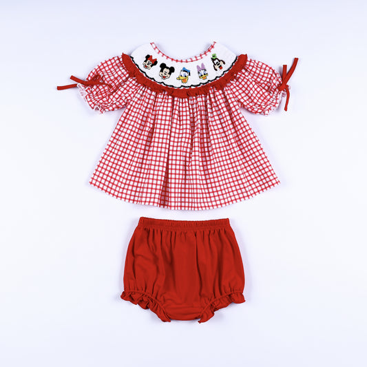 Red gingham hand smocked dress set with embroidered cartoon characters and matching red diaper cover bloomer.