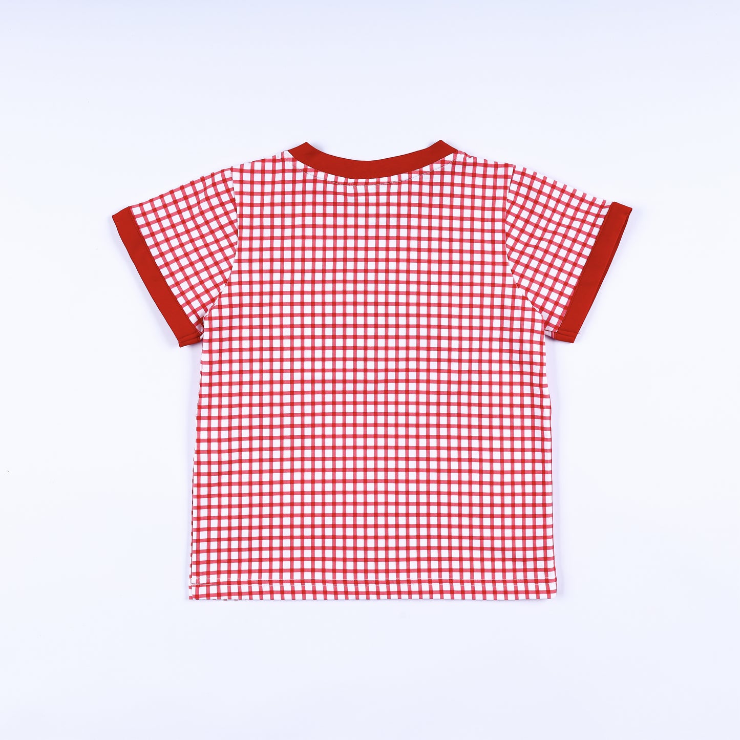 Full back view of red gingham check short sleeve boys t-shirt with red knit collar trim and sleeve accents.