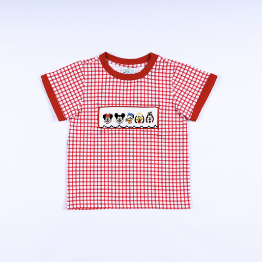 Red gingham check boys t-shirt featuring hand smocked fabulous 5 character embroidery on the front panel.