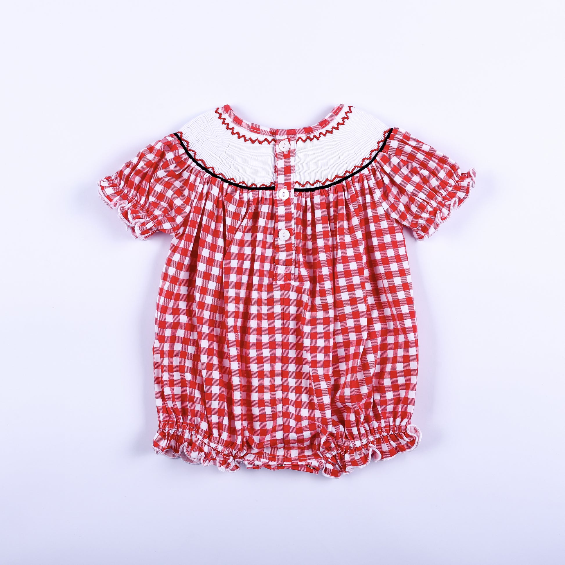 Back view of red gingham mouse hand smocked baby bubble romper showing button placket back closure and elastic legs.