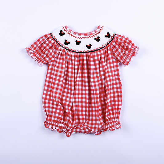 Red gingham mouse hand smocked bubble romper for baby girls with short flutter sleeves and full front view.