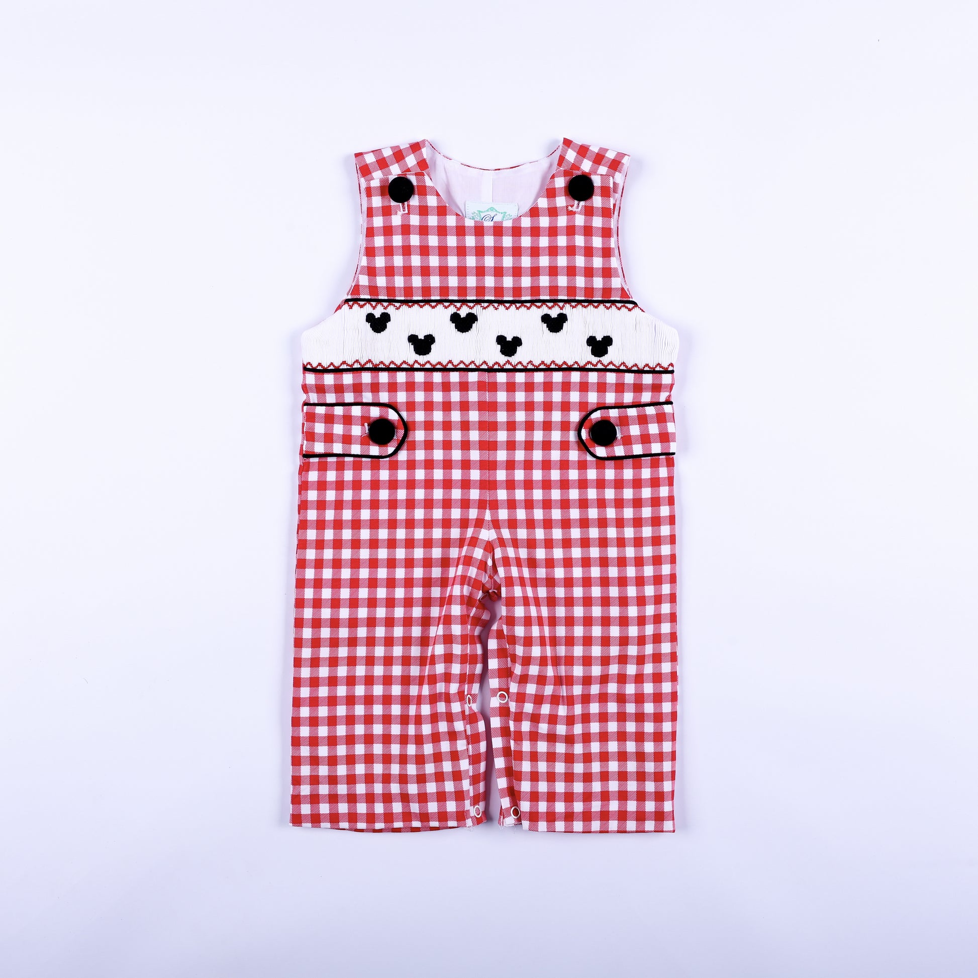 Front view of red gingham mouse hand smocked boys jon jon featuring black button details and embroidered bodice.