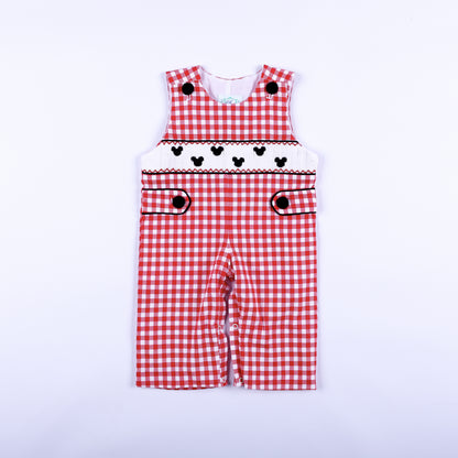 Front view of red gingham mouse hand smocked boys jon jon featuring black button details and embroidered bodice.