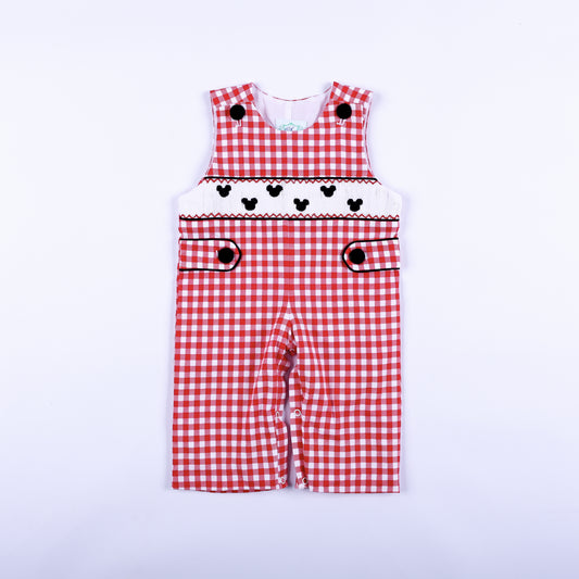Front view of red gingham mouse hand smocked boys jon jon featuring black button details and embroidered bodice.