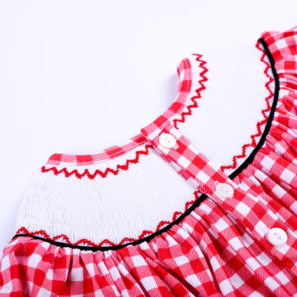 Close up of white buttons and smocked neckline on the back of red gingham mouse embroidered baby bubble romper.