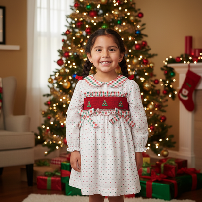 GIRLS HAND SMOCKED SWISS DOT CHRISTMAS TREE DRESS