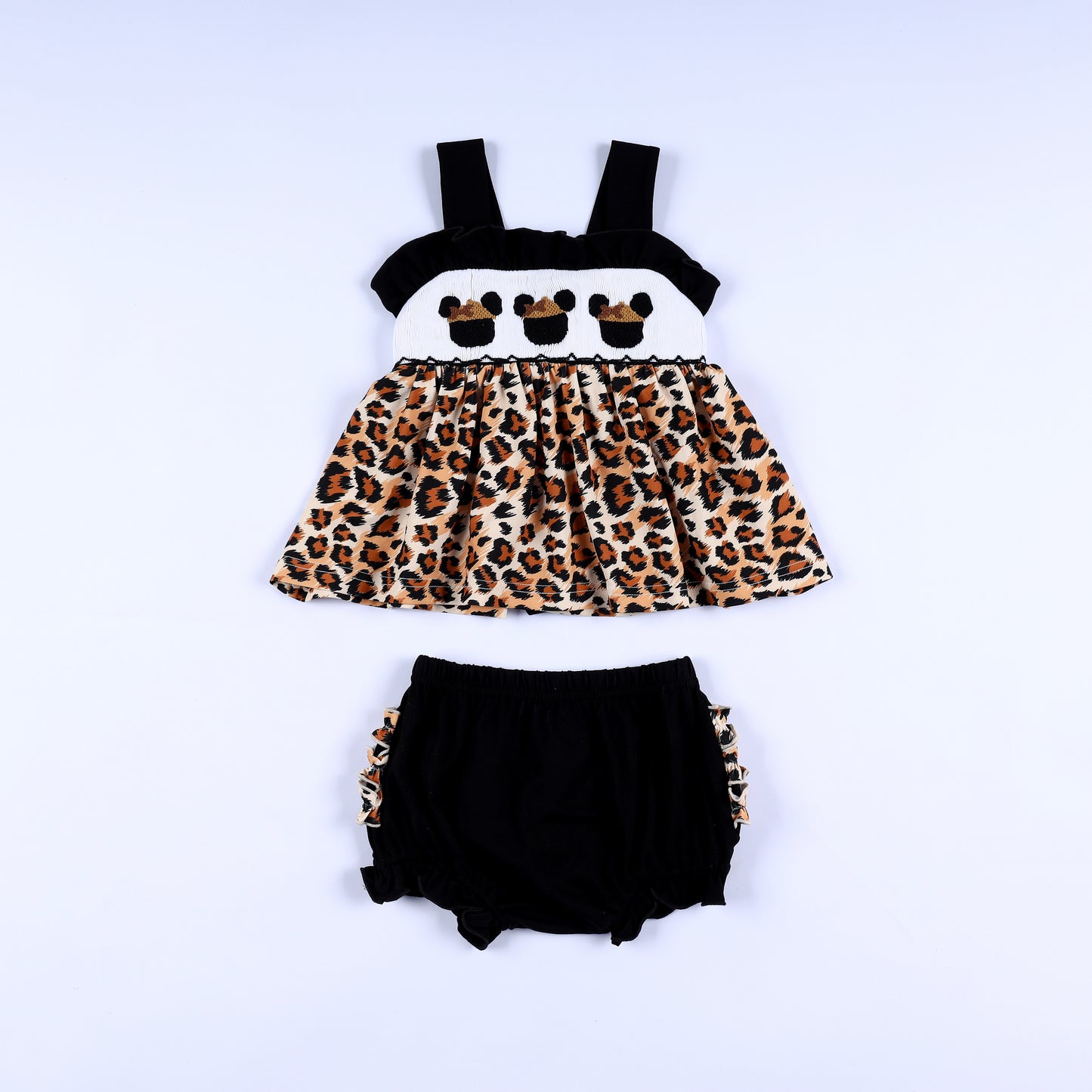 Animal kingdom safari mouse hand smocked top with leopard print peplum and matching black ruffle baby bloomer set.