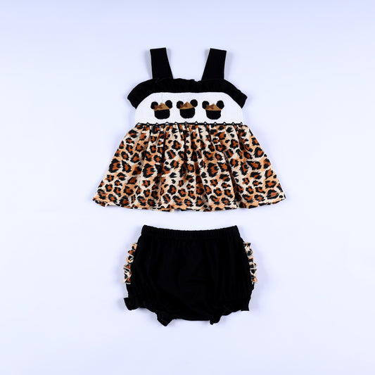 Animal kingdom safari mouse hand smocked top with leopard print peplum and matching black ruffle baby bloomer set.