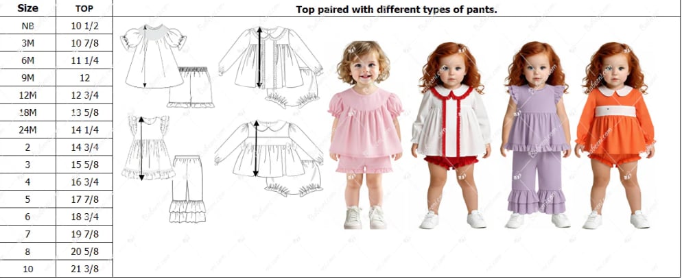 Children's clothing top with size chart and examples of pairs with different types of pants.