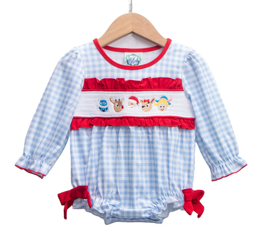 Smocked blue gingham baby girl bubble with red ruffles and side bows. Smocking features Santa, Rudolph, snowman, and elf.