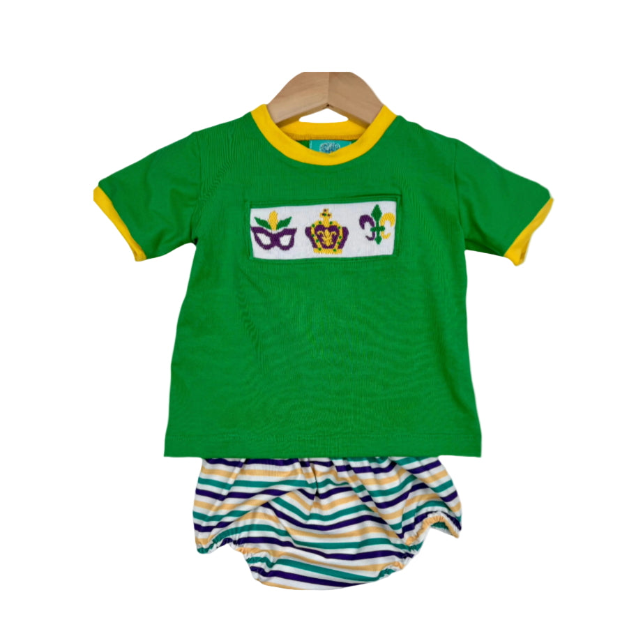 Green toddler t-shirt with smocked Mardi Gras crown and mask, paired with matching purple, green, and gold striped bloomers.