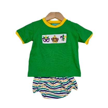 Green toddler t-shirt with smocked Mardi Gras crown and mask, paired with matching purple, green, and gold striped bloomers.