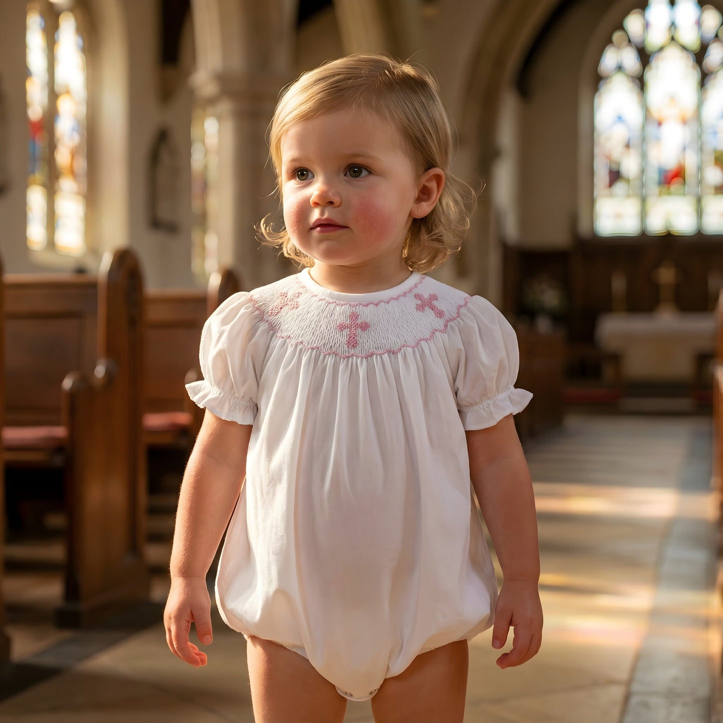 Baby girl in a white smocked bubble romper with pink hand-embroidered crosses on the neckline, standing in a church aisle.