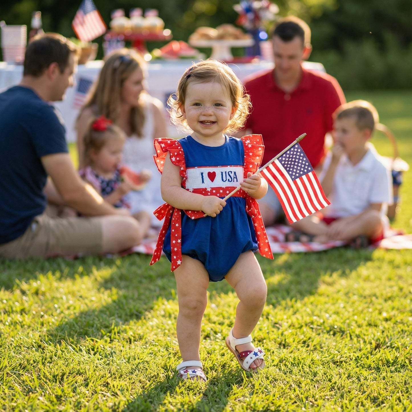 Smiling toddler girl wearing a hand smocked "I Love USA" patriotic bubble romper and holding an American flag.