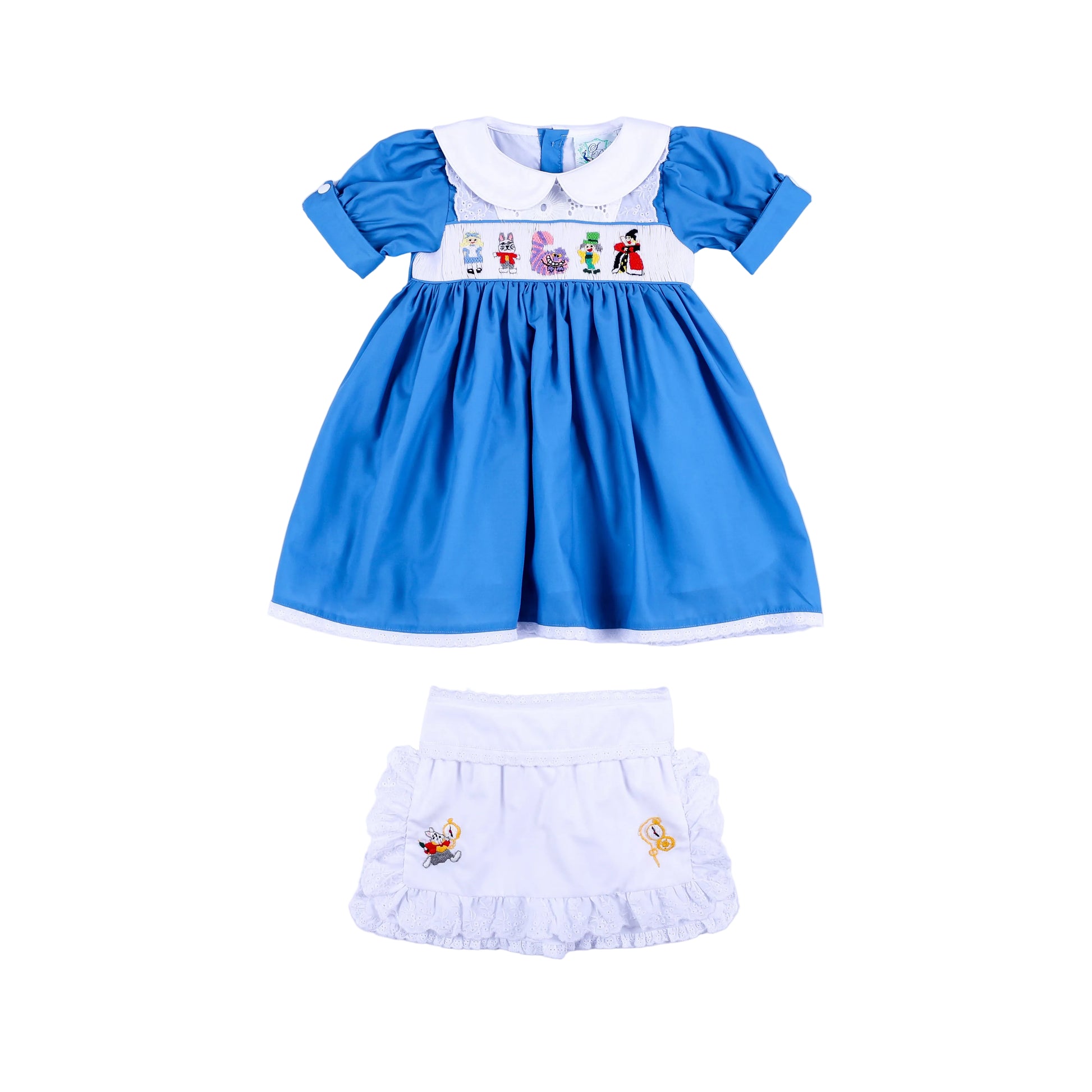 Storybook Wonderland blue hand smocked dress and white eyelet apron set for toddler girls full front view.