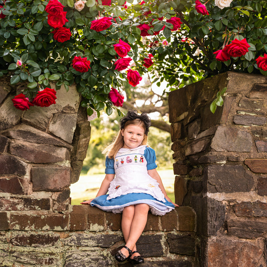 Girl on a stone wall wearing Storybook Wonderland blue hand smocked dress and apron set under blooming roses.