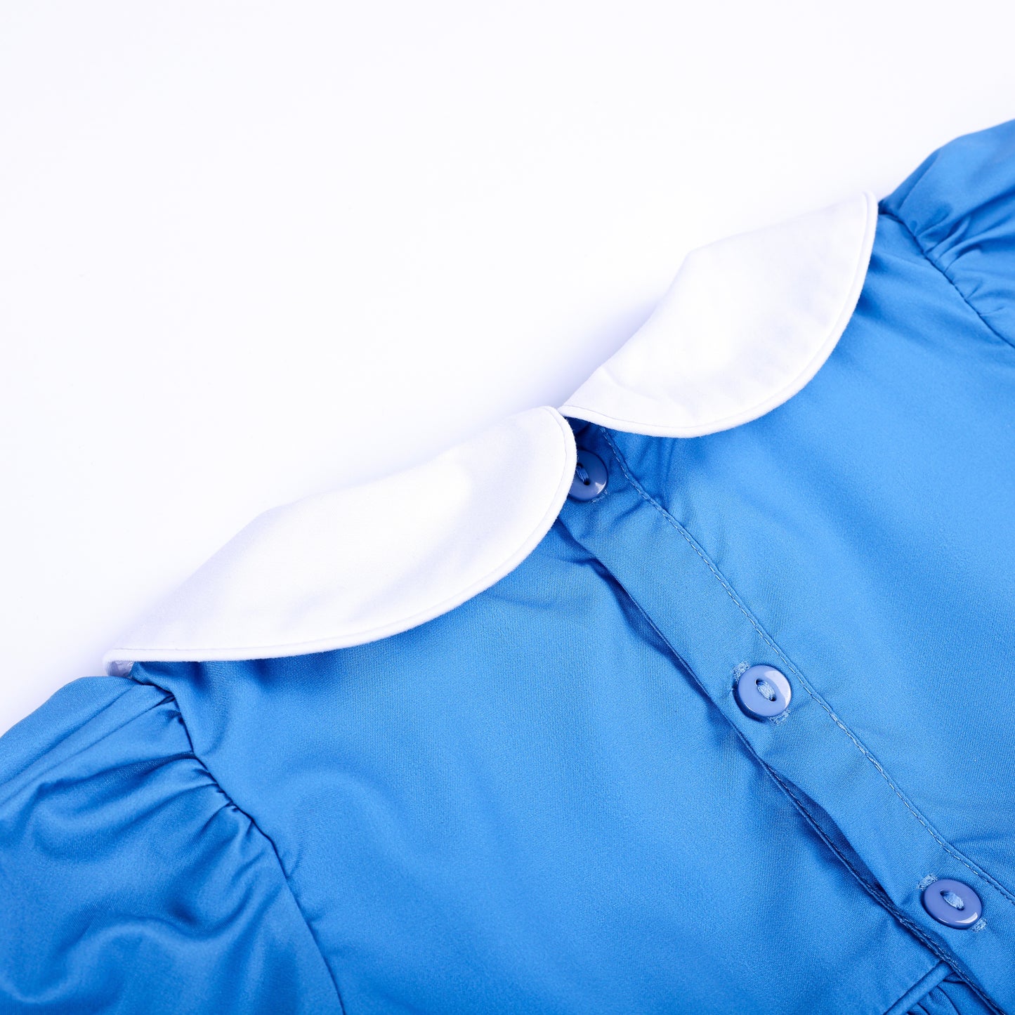 Back detail view of blue storybook dress featuring white Peter Pan collar and matching blue buttons.