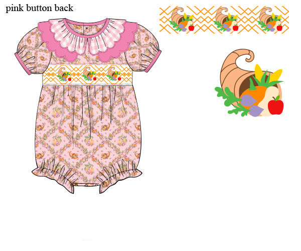 Hand-smocked Thanksgiving cornucopia pink trellis girl bubble romper with a gingham ruffle collar.