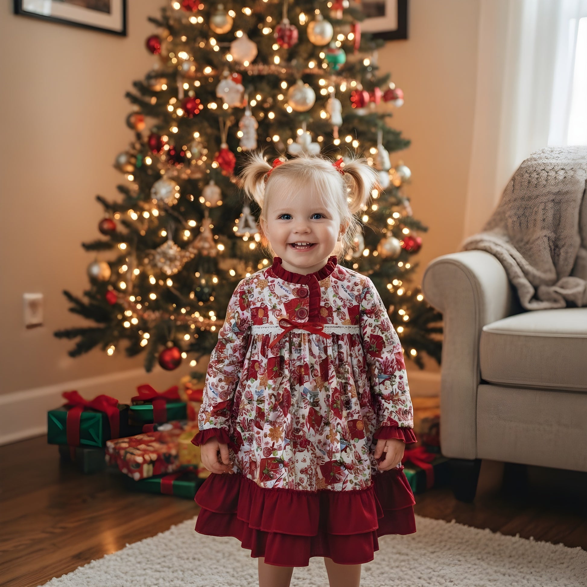 Toddler girl in festive gingerbread print holiday dress with red ruffles, smiling in front of a Christmas tree.