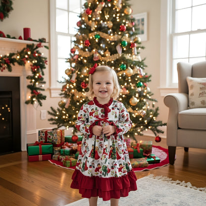 Toddler girl smiling by a Christmas tree in a vintage holiday toy print nightgown with red ruffles.
