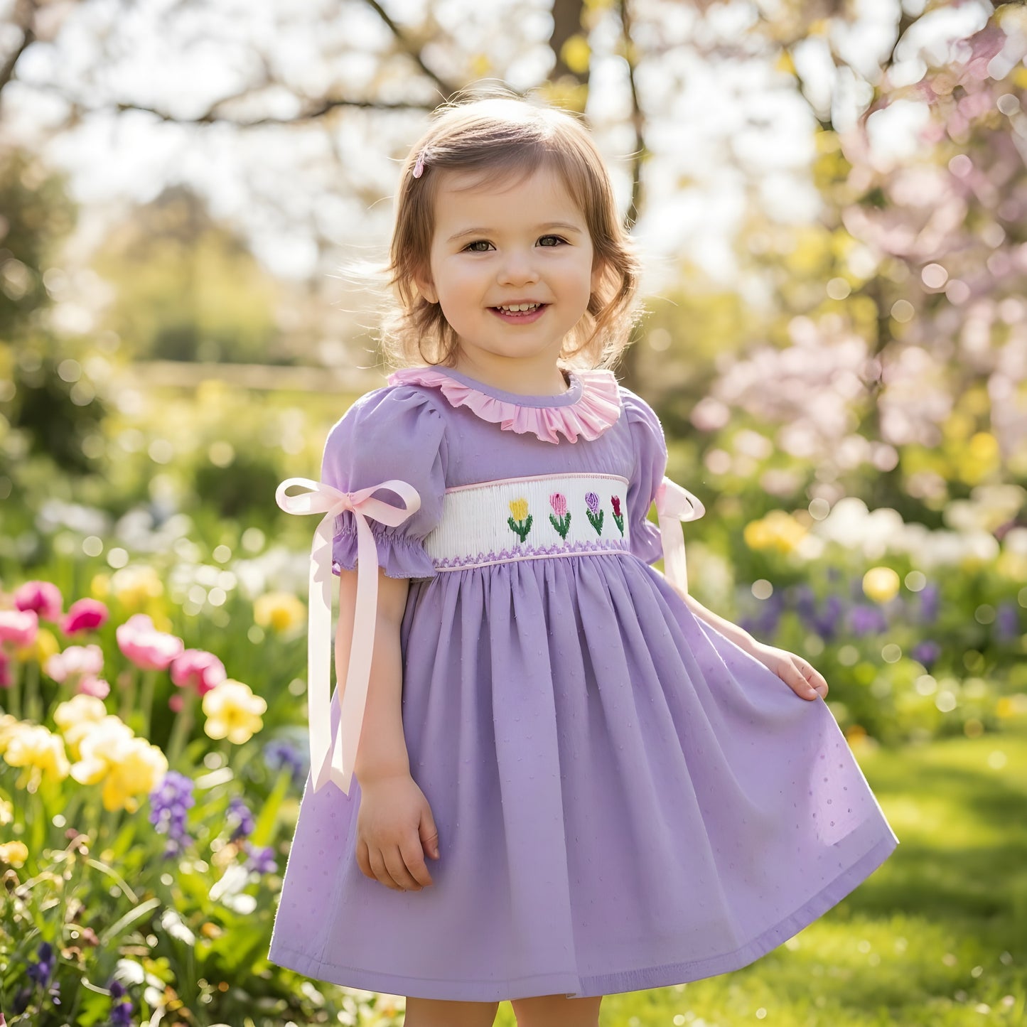 Little girl in a lavender smocked Easter dress with embroidered tulips and pink collar standing in a spring garden.