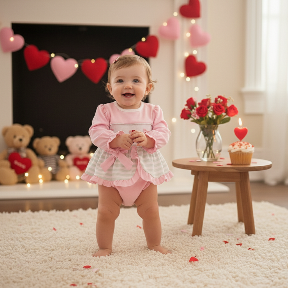 VALENTINES DAY CONSTRUCTION HEARTS - HAND SMOCKED - GIRL BLOOMER SET